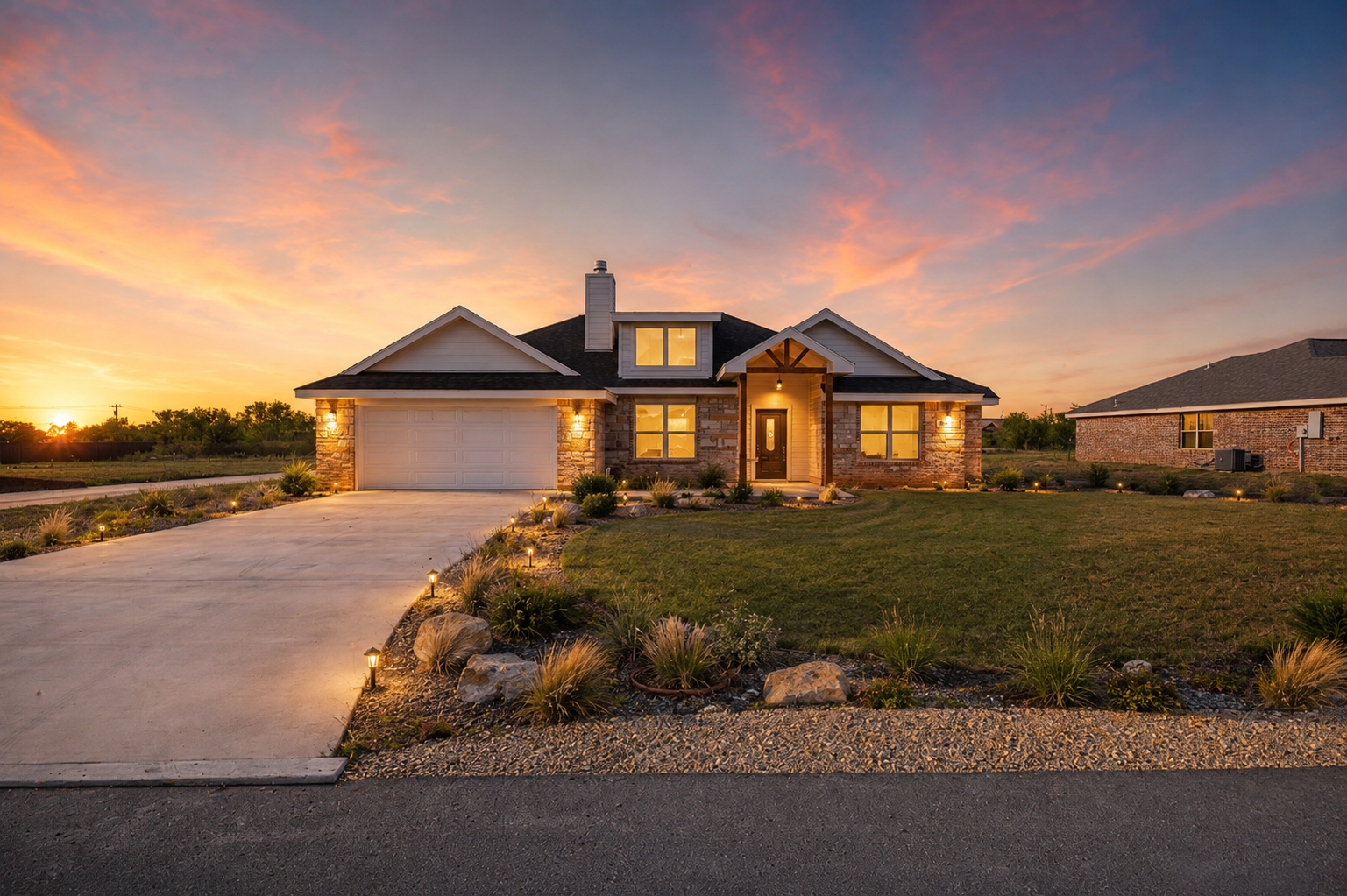 Stone and white siding ranch home with warm lights at sunset in Miles, Texas
