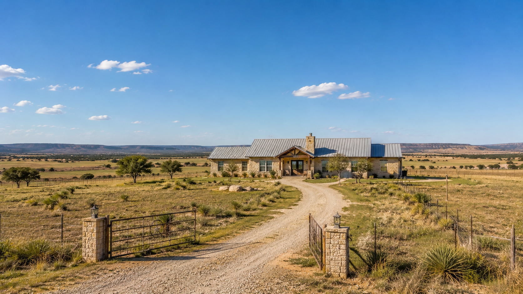 Stone ranch home behind open gates on wide-open ranch land near Mertzon, Texas